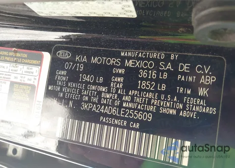 2020 Kia Rio S z USA, uszkodzony, nr VIN 3KPA24AD6LE255609